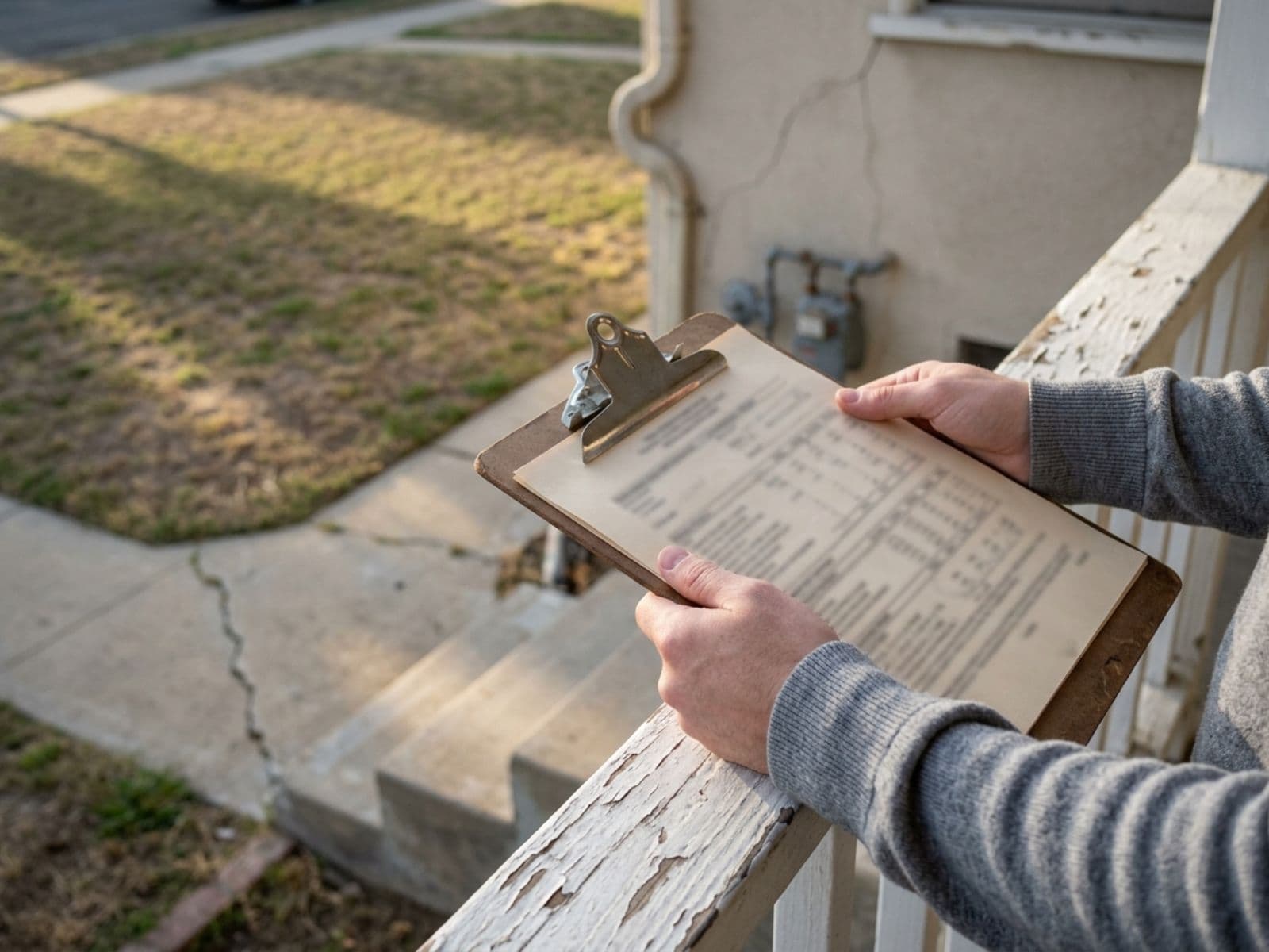 A listing agent reviewing a printed seller net sheet beside an as-is house