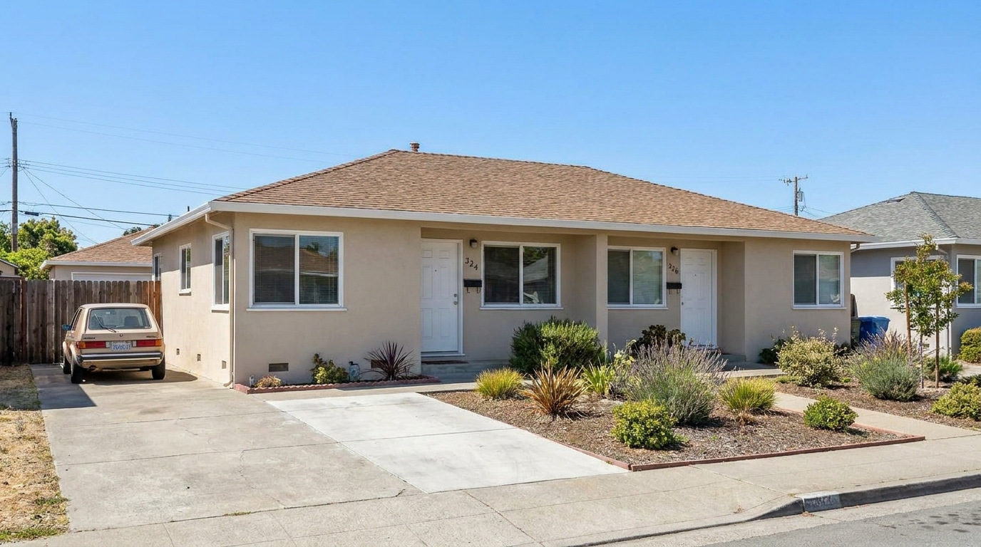 An ordinary Bay Area rental duplex in daylight — a small-landlord property being sold or 1031-exchanged