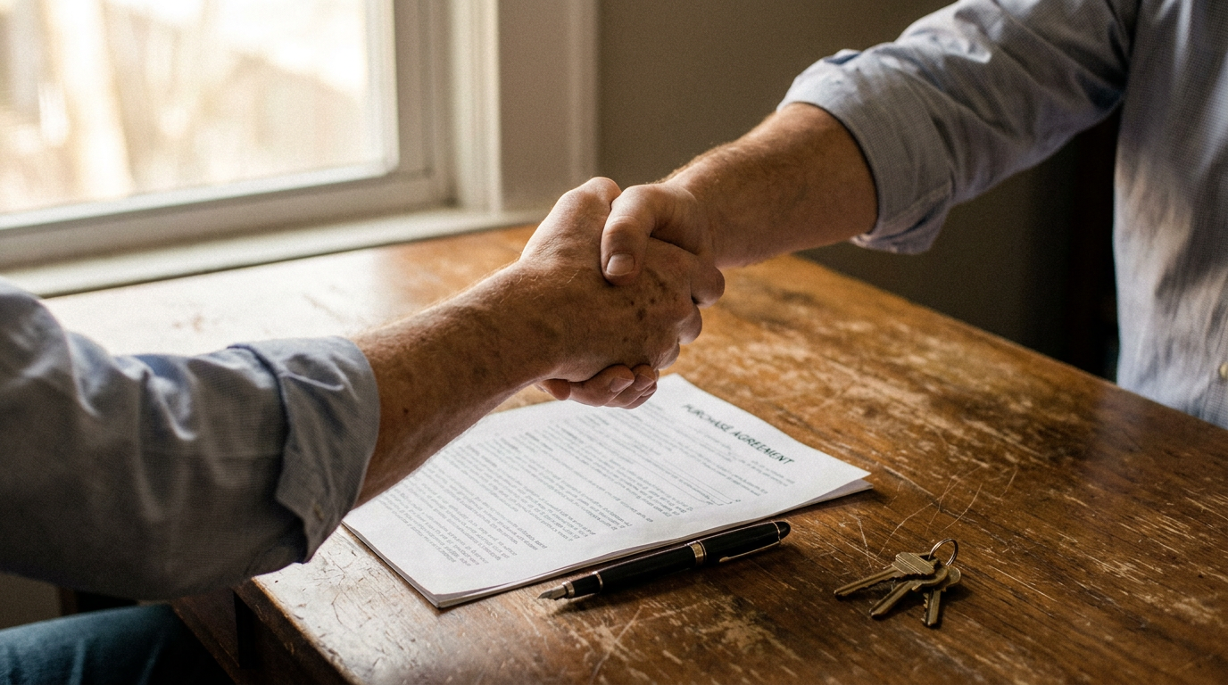 Two people shaking hands over a signed purchase agreement and house keys — closing a cash home sale honestly