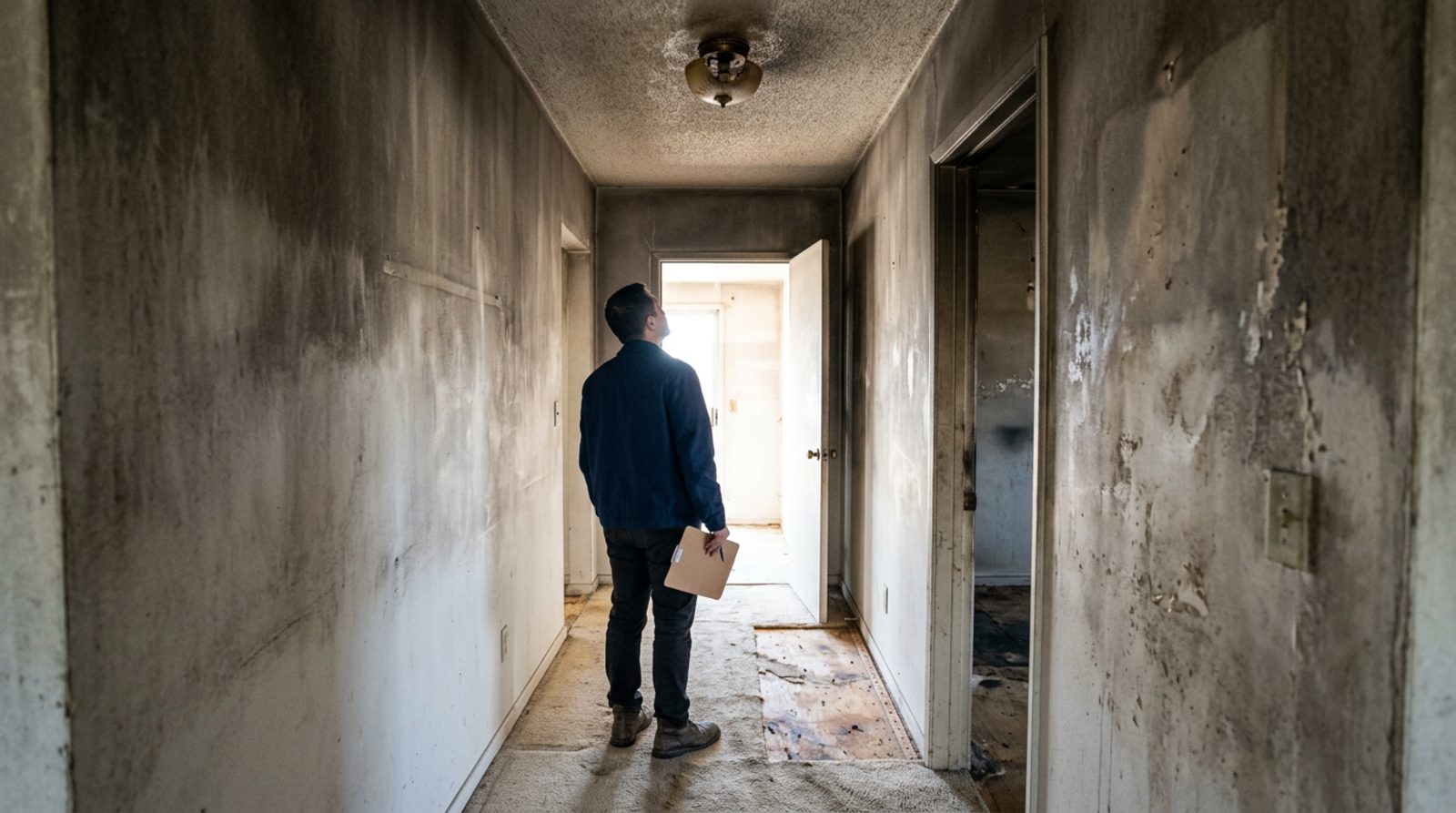 Listing agent with a clipboard in a smoke-stained hallway of a distressed California house sold as-is
