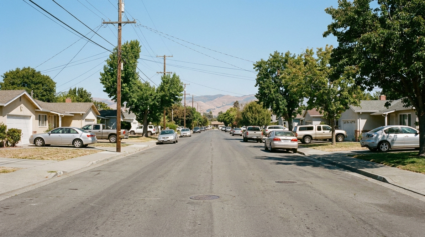 A long residential street of ordinary single-storey San Jose homes receding toward the hills