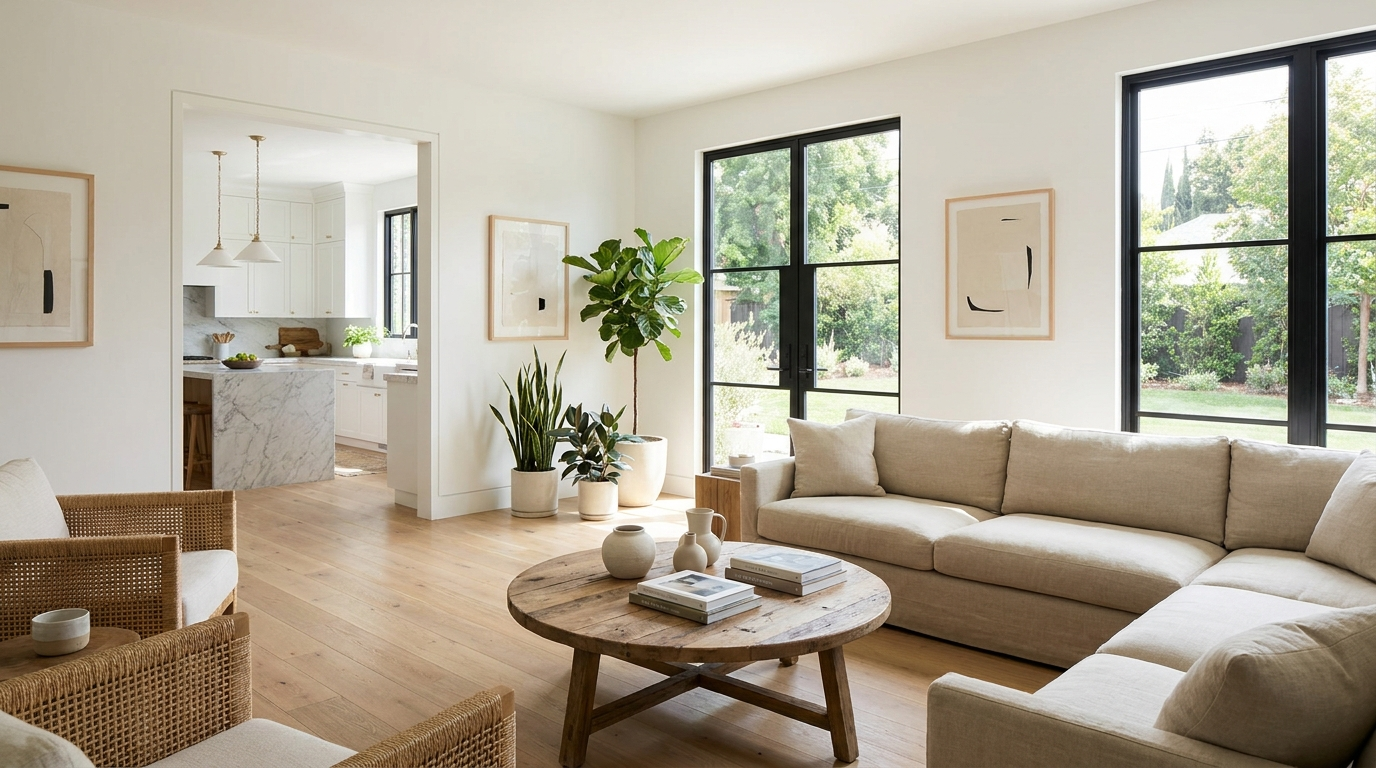 Bright, airy modern California living room with large windows — an inherited Bay Area home being sold