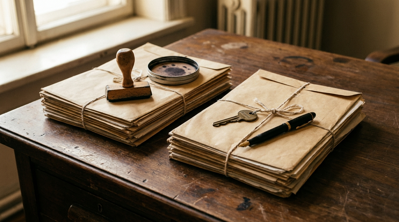 Two stacks of real-estate paperwork — one with a stamp pad, one with house keys — a wholesaler versus a real cash buyer
