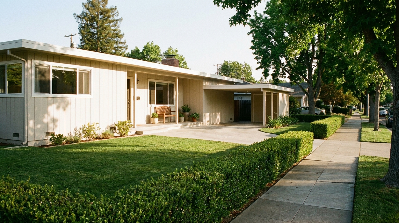 A tidy, market-ready mid-century Sunnyvale home with a mown lawn and clean paint in late-afternoon light