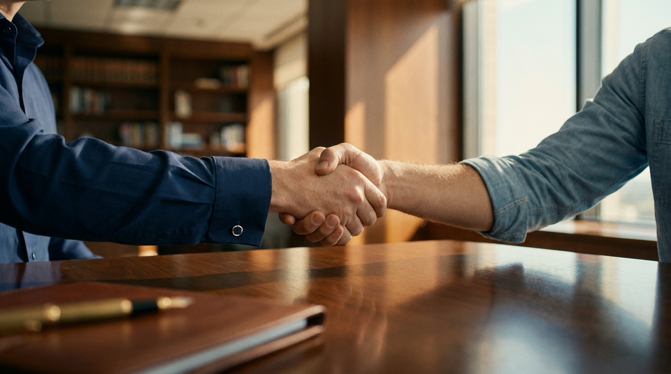 Firm handshake over a wooden desk between a business sleeve and a casual sleeve — the human local cash sale Bay Area sellers can't get from an iBuyer like Opendoor or Offerpad