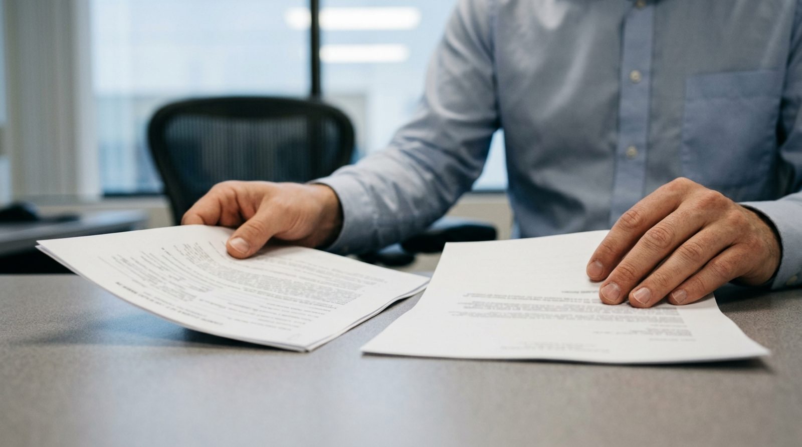 A listing agent at a desk holding a printed cash offer next to a proof-of-funds letter, comparing the buyer names