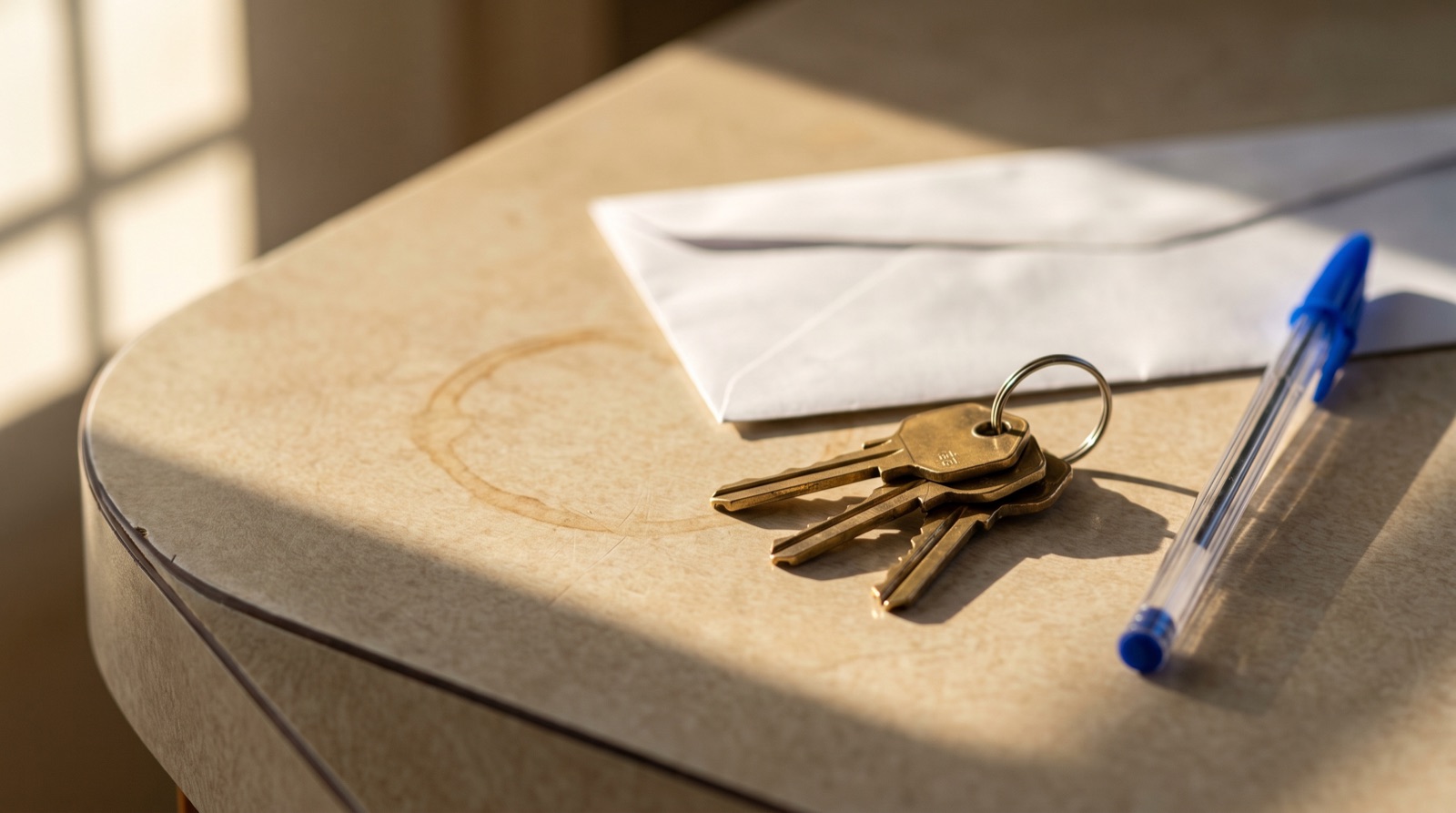 House keys and a lender's envelope on a kitchen counter — a deed in lieu of foreclosure in California