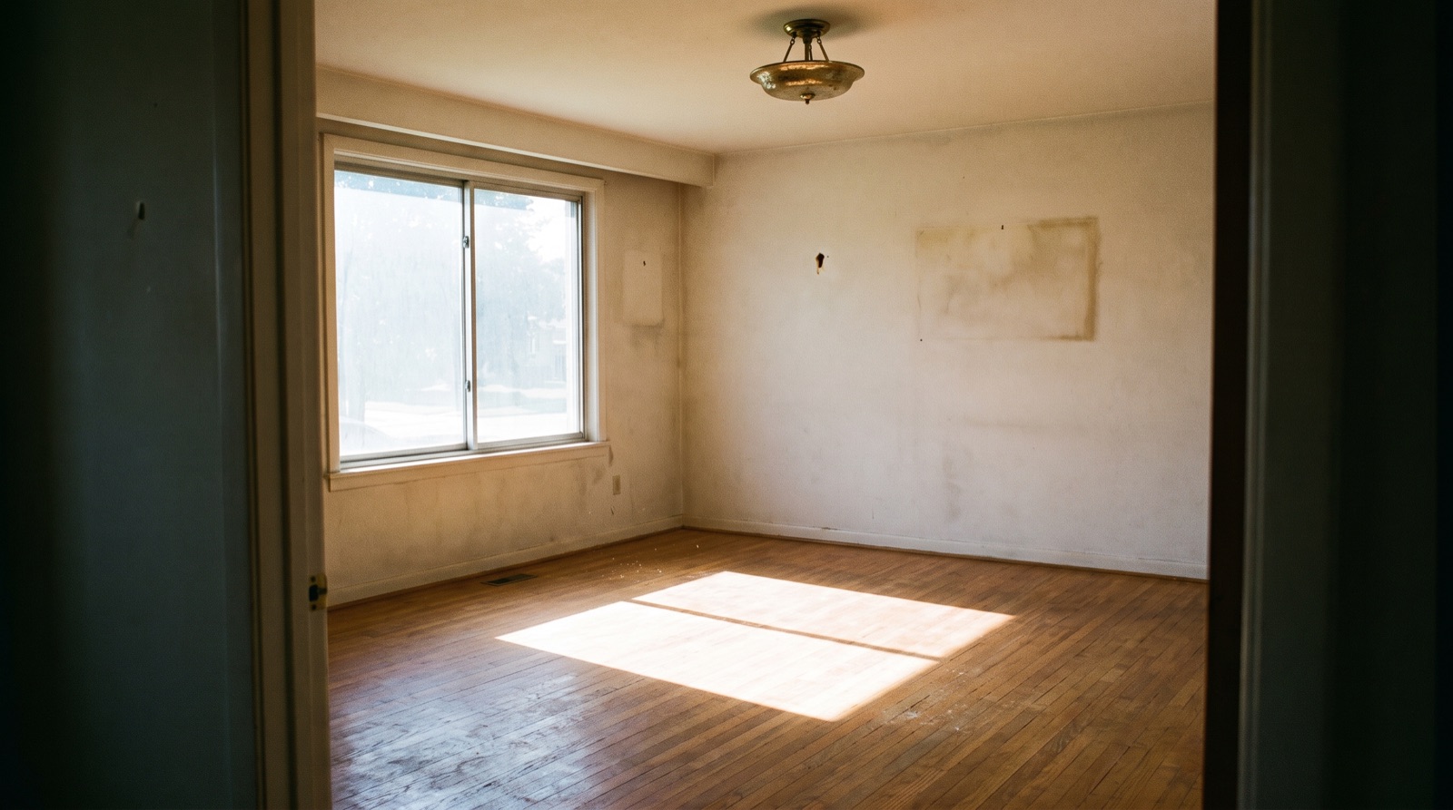 An empty Bay Area living room with afternoon sun on bare floors — a house waiting on the market