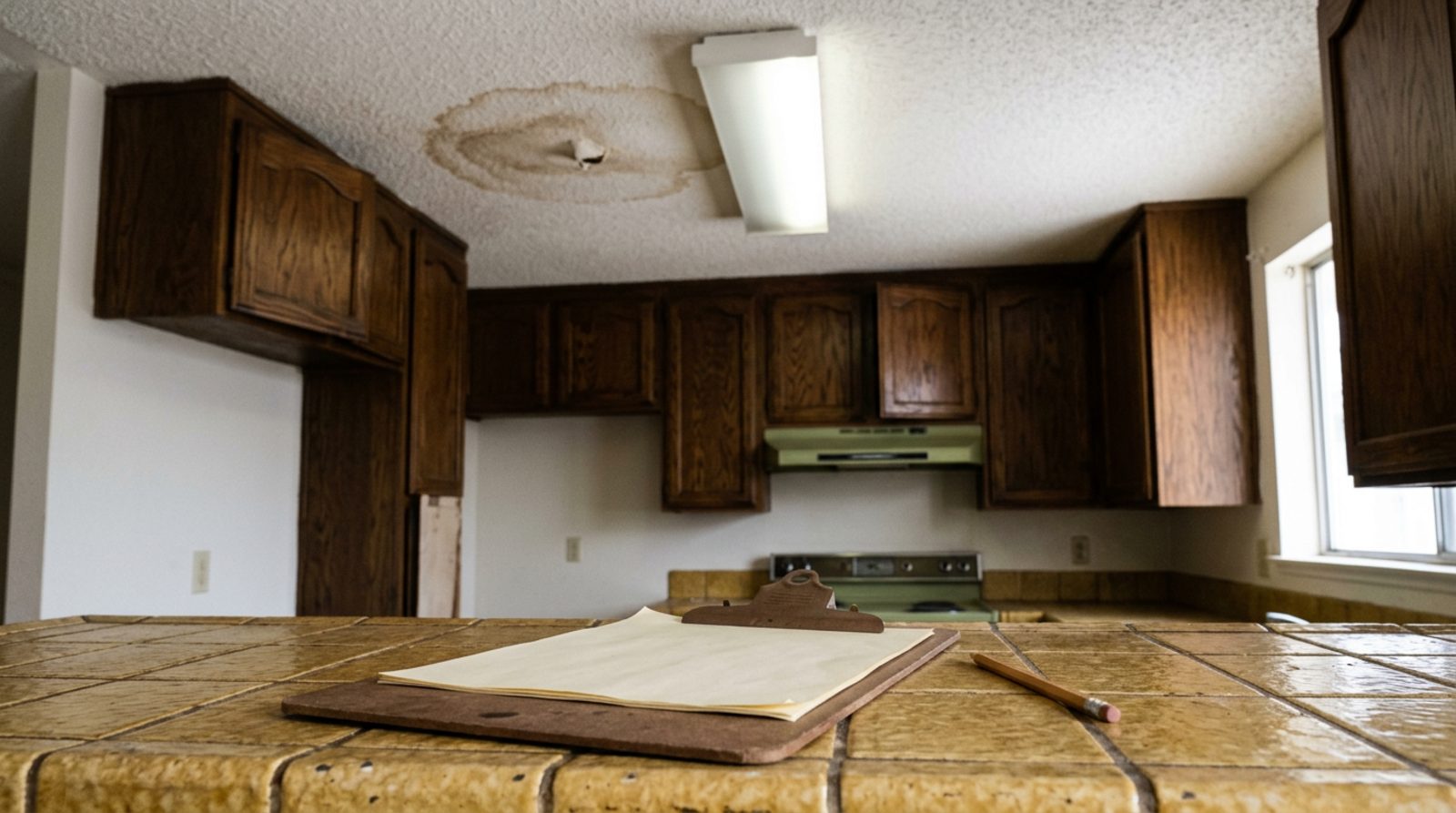 A listing agent's clipboard in a dated Bay Area kitchen with a water-stained ceiling, a condition an appraiser reports