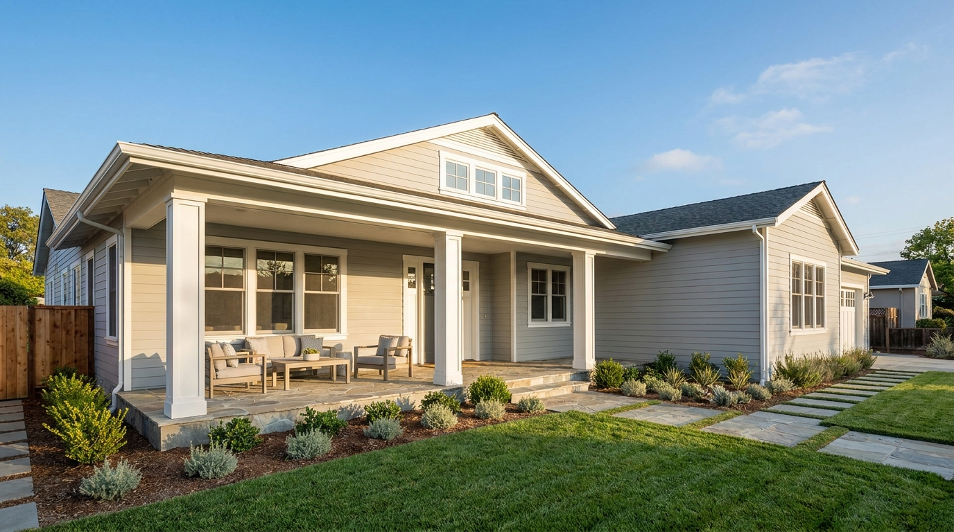 Bright, welcoming Bay Area family home with a covered front porch — a co-owned property being sold without a partition lawsuit