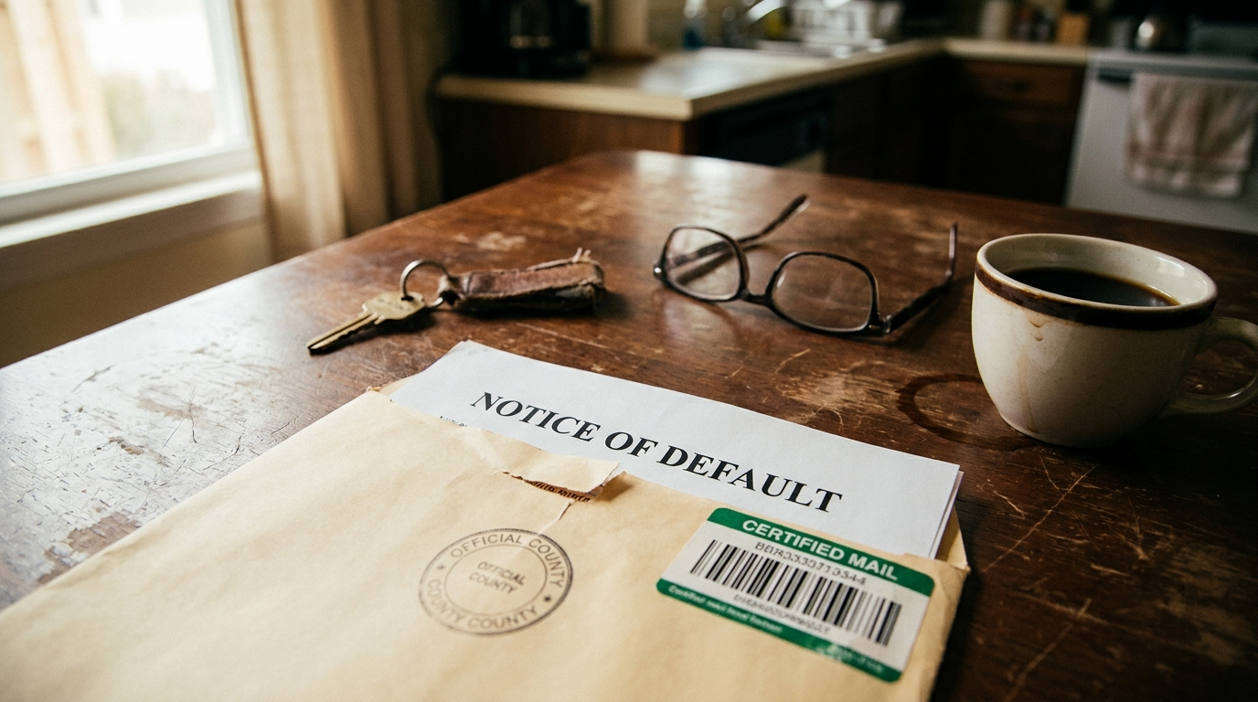 An opened Notice of Default envelope on a kitchen table with house keys and a cold coffee — entering California pre-foreclosure