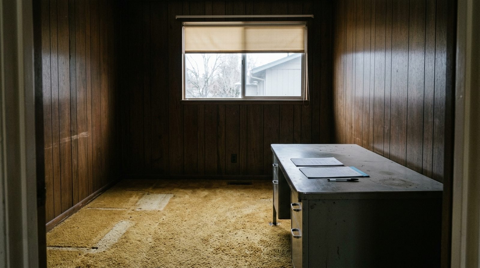 A purchase contract and a court petition on a desk in an empty California house being sold by an estate