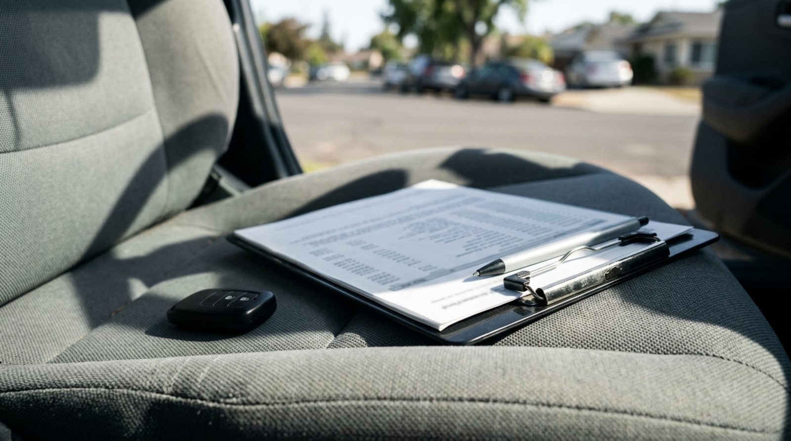 A printed bank statement on a clipboard on a car seat, the kind of proof of funds a cash buyer sends a listing agent