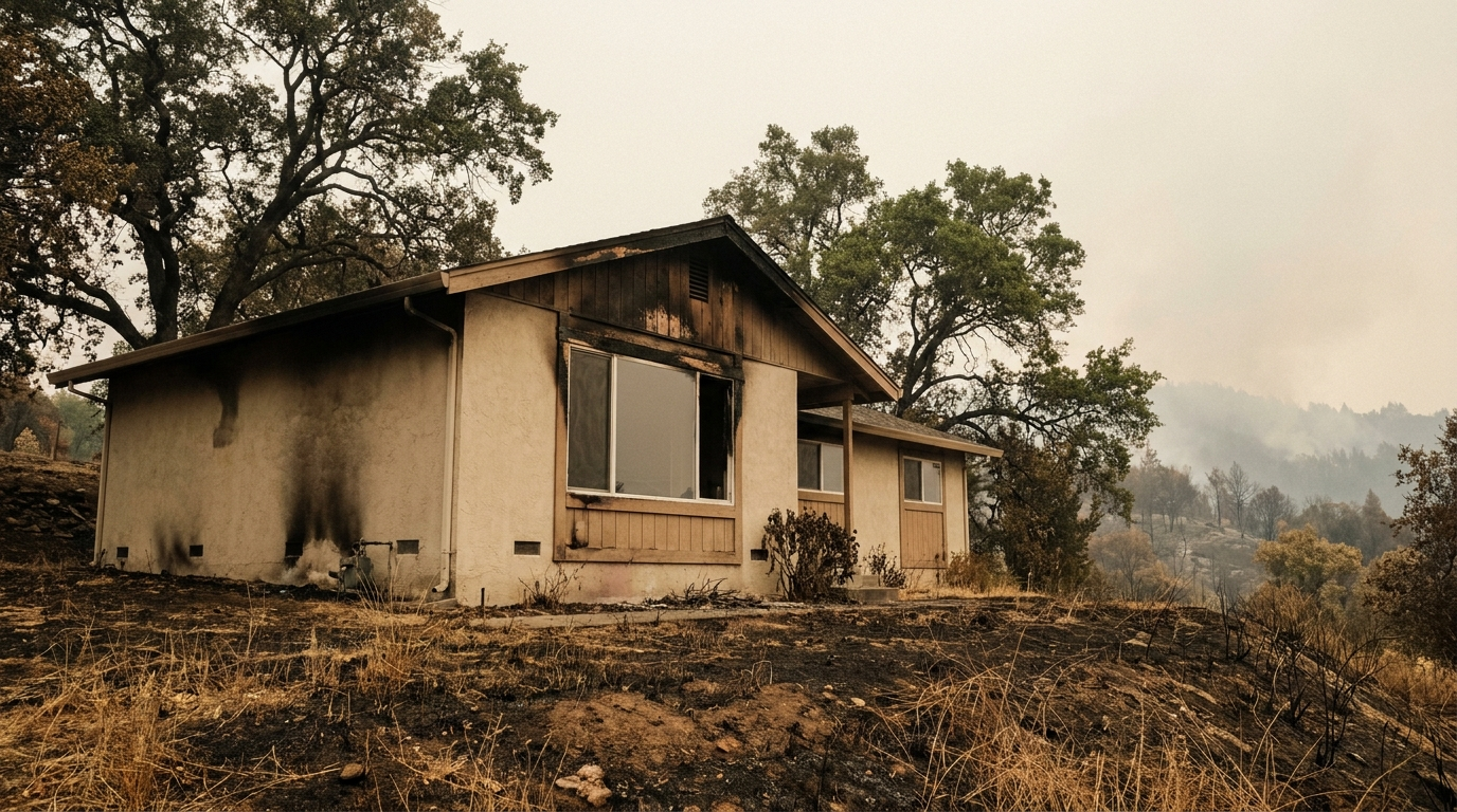 Bay Area hillside home with visible fire damage to exterior and surviving structure — Oakland Hills wildfire context
