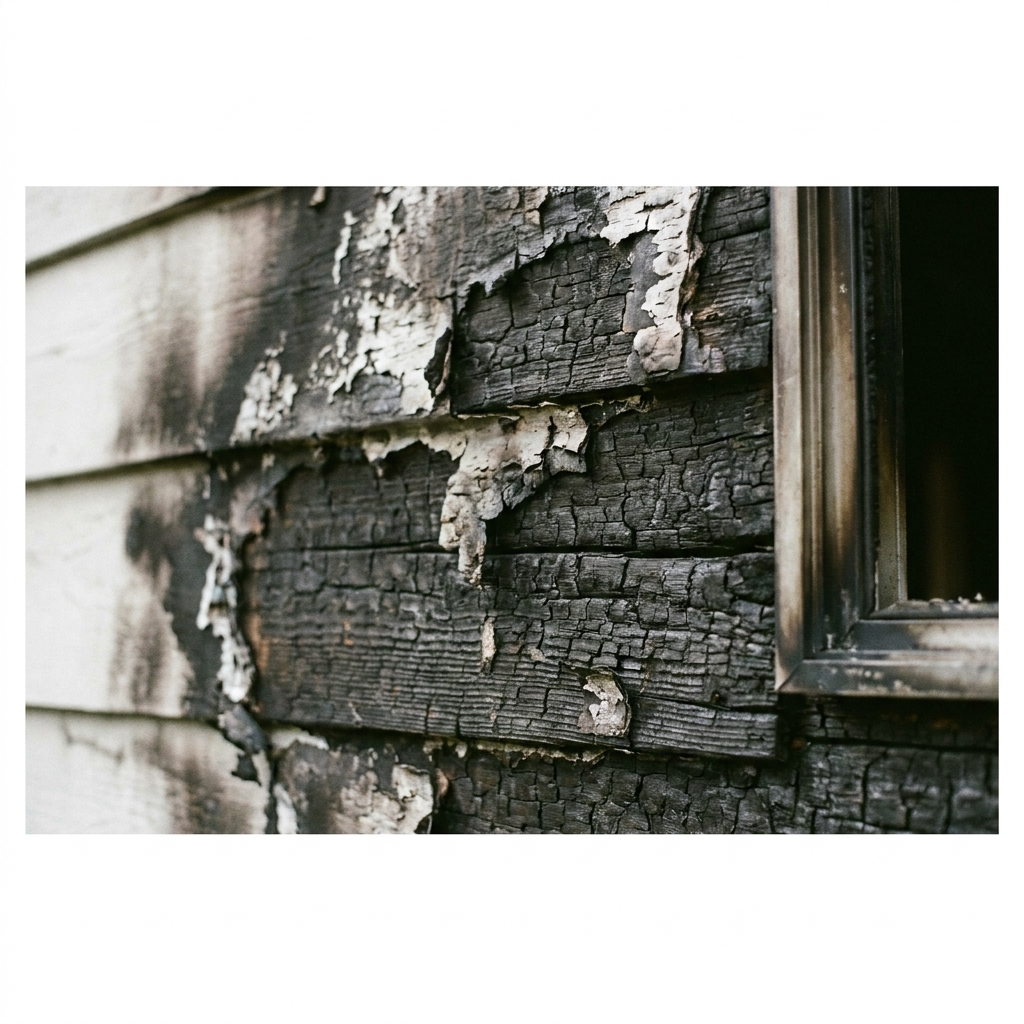 Close-up of fire-damaged exterior wood siding showing char and smoke staining on a Bay Area home