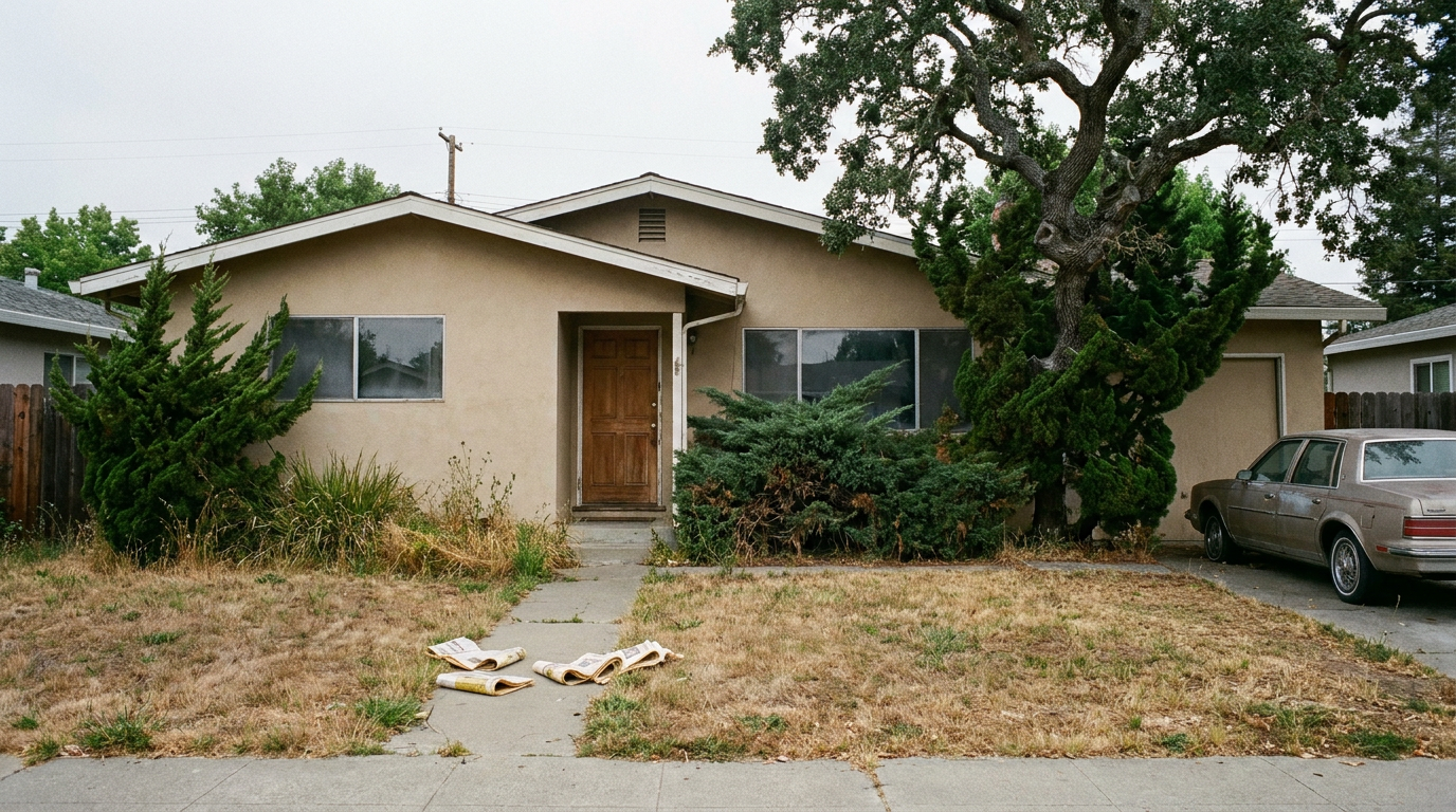 1960s ranch home in a Bay Area suburb showing signs of long-term neglect — the kind of property where a hoarder house sale starts