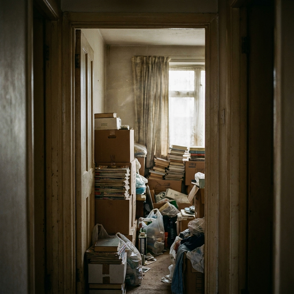 Doorway view into a residential room filled with stored boxes, magazines, and household items — typical hoarder house interior