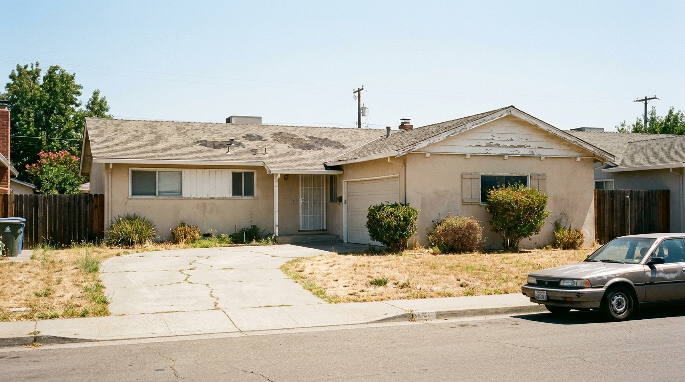 A Concord ranch house showing honest wear — faded paint, an ageing roof and a cracked driveway