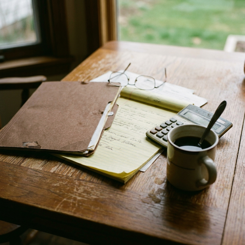 Kitchen table with bankruptcy paperwork, calculator, and legal documents — homeowner navigating decisions about the house