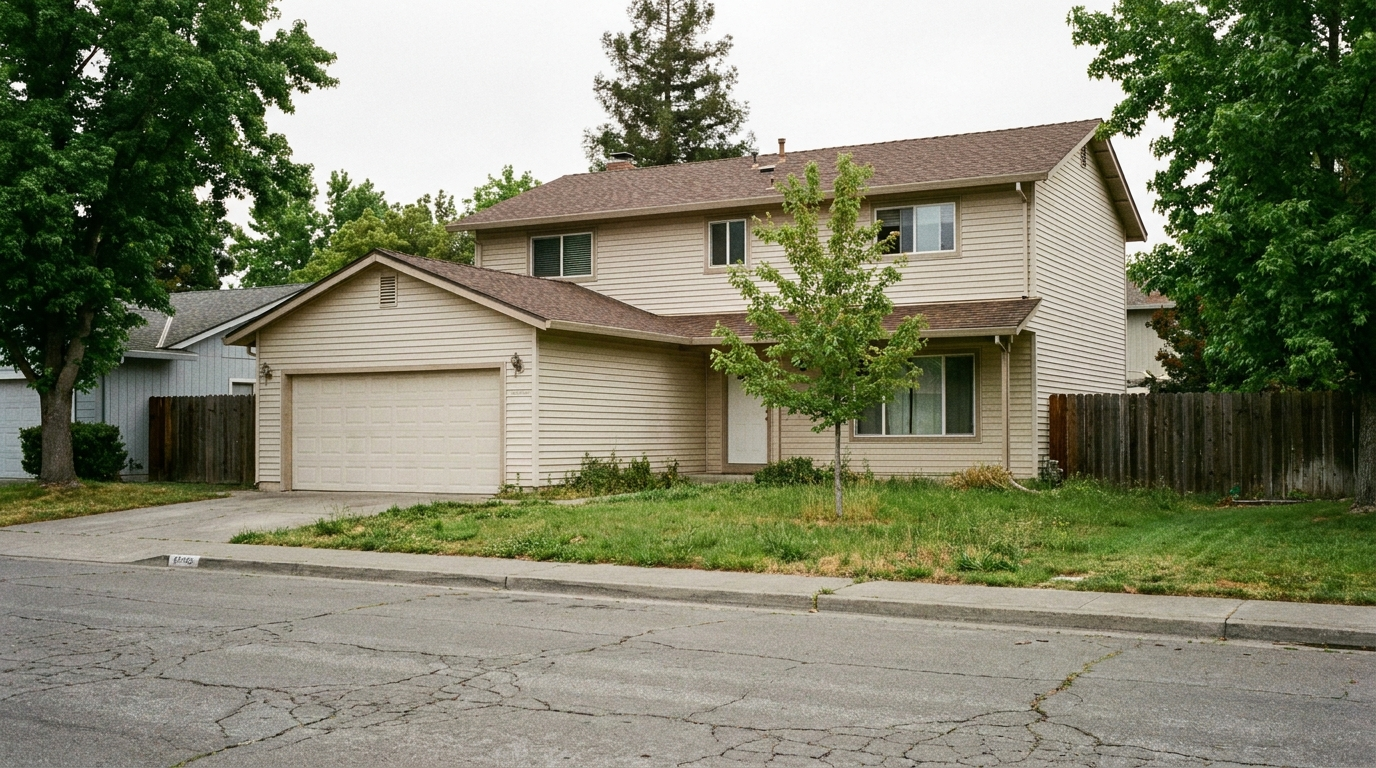 An ordinary two-storey Walnut Creek tract home with an attached garage in even daylight