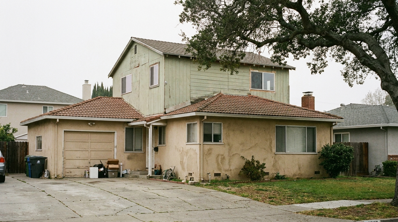 Bay Area suburban home with an obvious unpermitted second-story addition — a common code violation in California