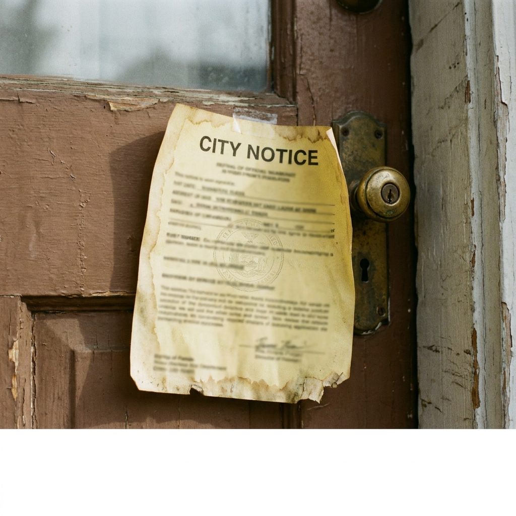 Yellow city building department code violation notice posted on a residential front door — Bay Area enforcement