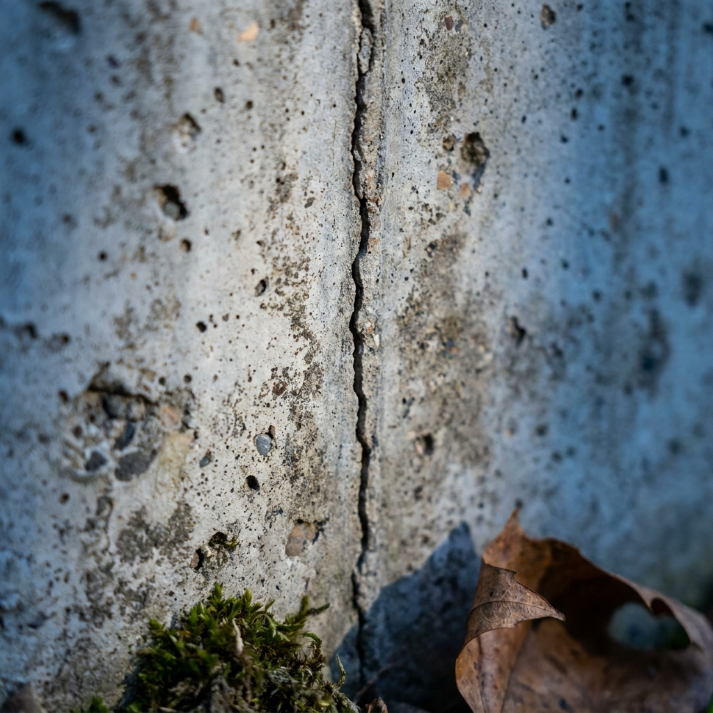 Close-up of a vertical hairline crack in a weathered concrete house foundation — a typical Level 2 severity issue in Bay Area homes