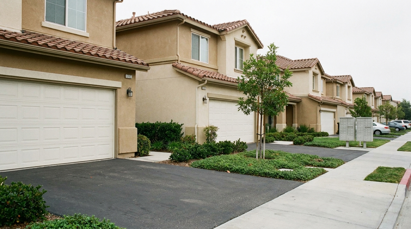 Row of California HOA-managed townhomes with shared landscaping — common Bay Area planned community