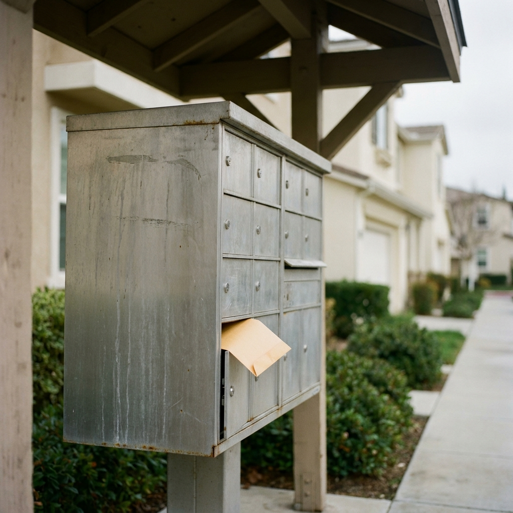 California HOA community mailbox cluster with an envelope visible in one slot — how most HOA notices reach owners