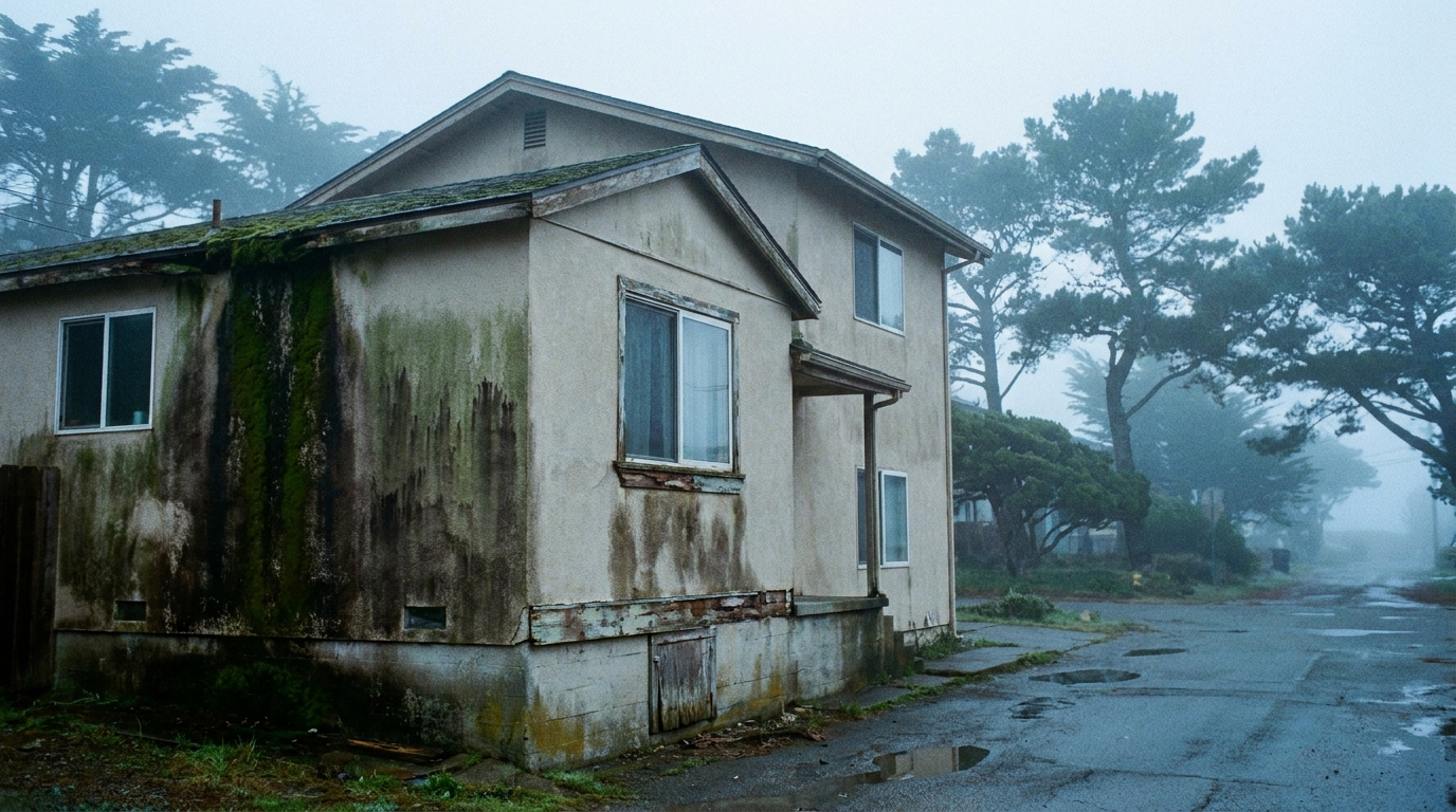 Coastal Bay Area home with visible moisture damage and moss growth from foggy climate — Pacifica or Half Moon Bay