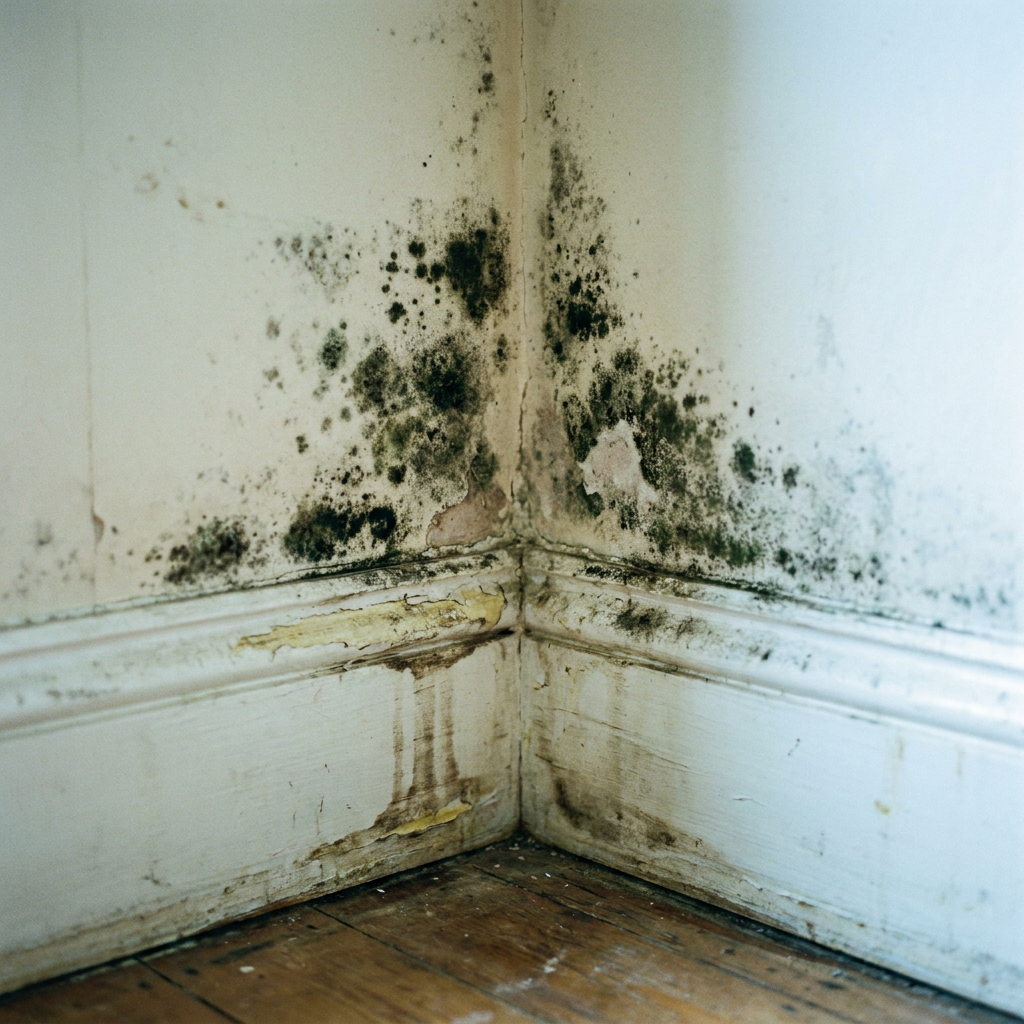 Black mold growing in the corner of a residential interior wall with water damage and warped baseboard