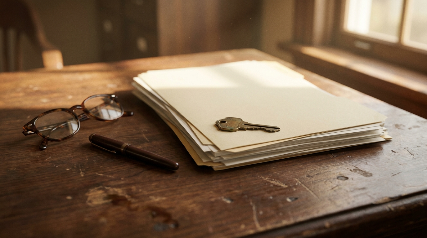 A single house key resting on a stack of estate paperwork beside reading glasses — the inherited Bay Area home with a reverse mortgage that heirs now have to settle