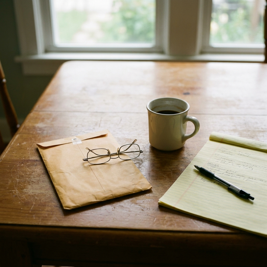 Manila legal envelope on a kitchen table with reading glasses and coffee — homeowner working through tax paperwork