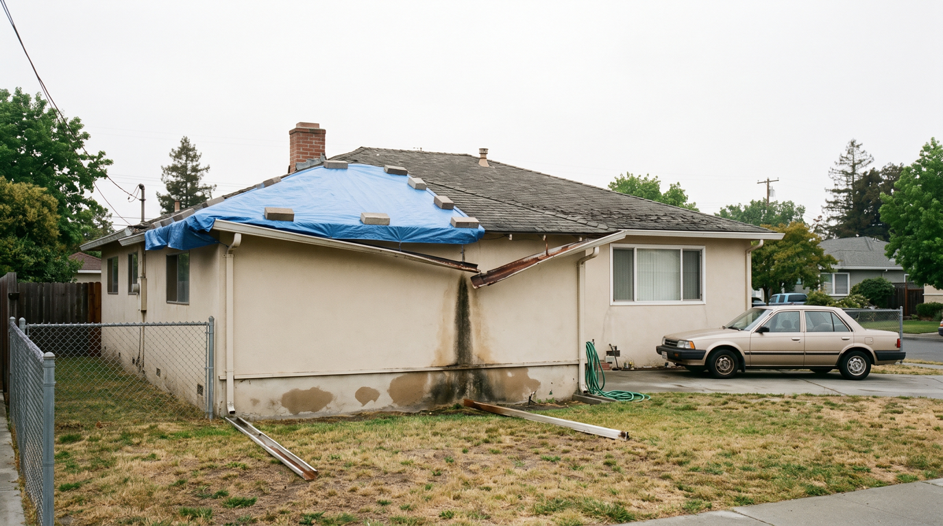 An ordinary Bay Area stucco ranch house with a tarped roof and water staining down the wall, the kind of house sold as-is with water damage