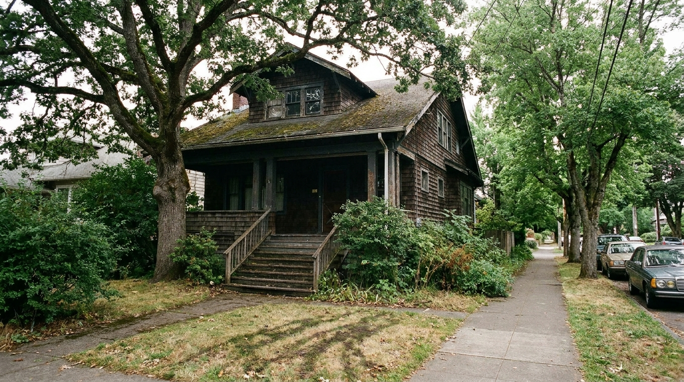 An older two-storey shingled Berkeley house under a mature oak, the kind of family home often inherited by several siblings