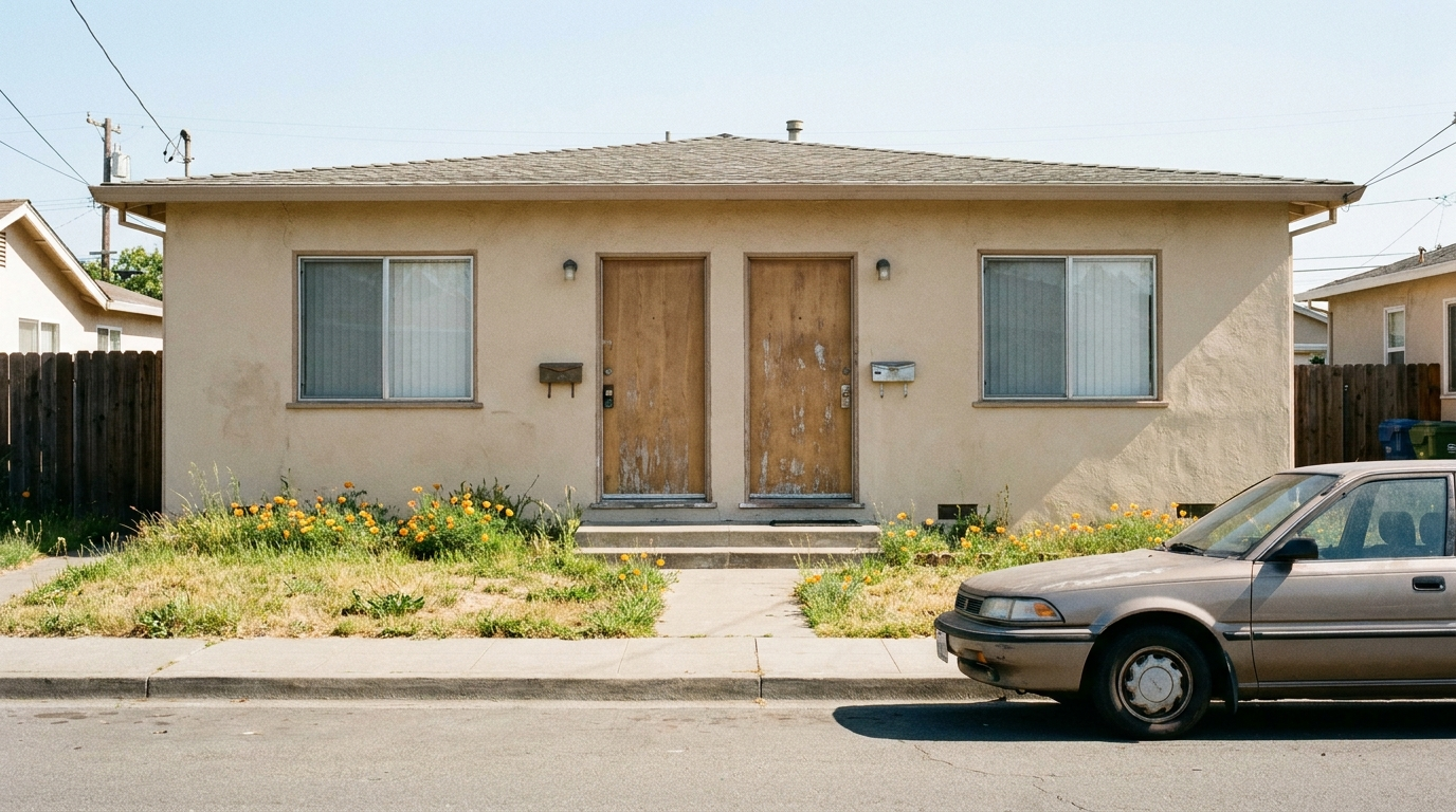 A small two-unit Hayward duplex with two front doors and two mailboxes