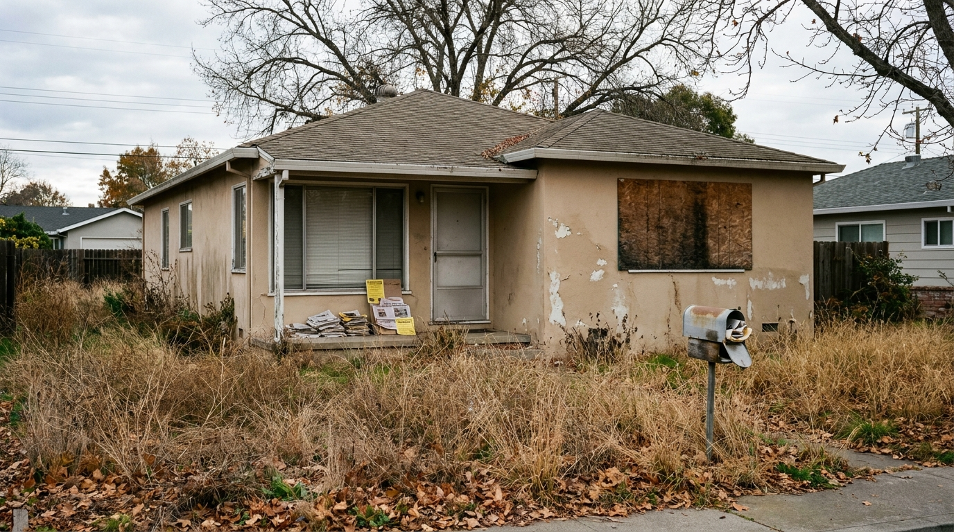 Long-vacant Bay Area home with overgrown yard, boarded windows, and uncollected mail — risks of leaving a property empty