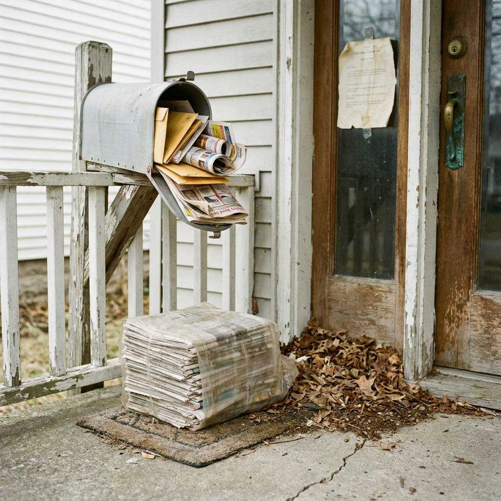 Vacant Bay Area home front door with stuffed mailbox, uncollected newspapers, and weathered notice — typical vacancy signs