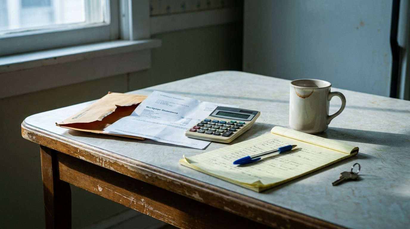 A kitchen table with an opened bank envelope, a mortgage statement, a calculator, and a set of house keys — the moment a California homeowner sits down to figure out whether a short sale is the way out