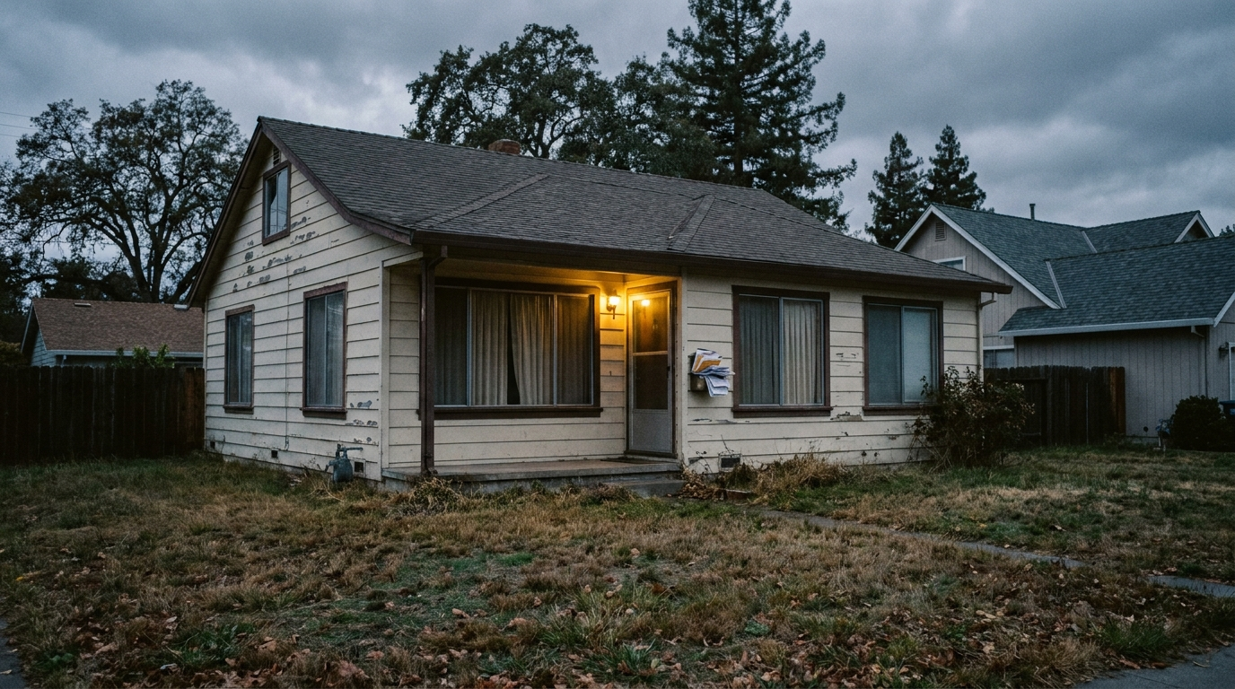 Bay Area suburban bungalow at dusk with porch light on and slightly unkempt yard — a home in foreclosure transition