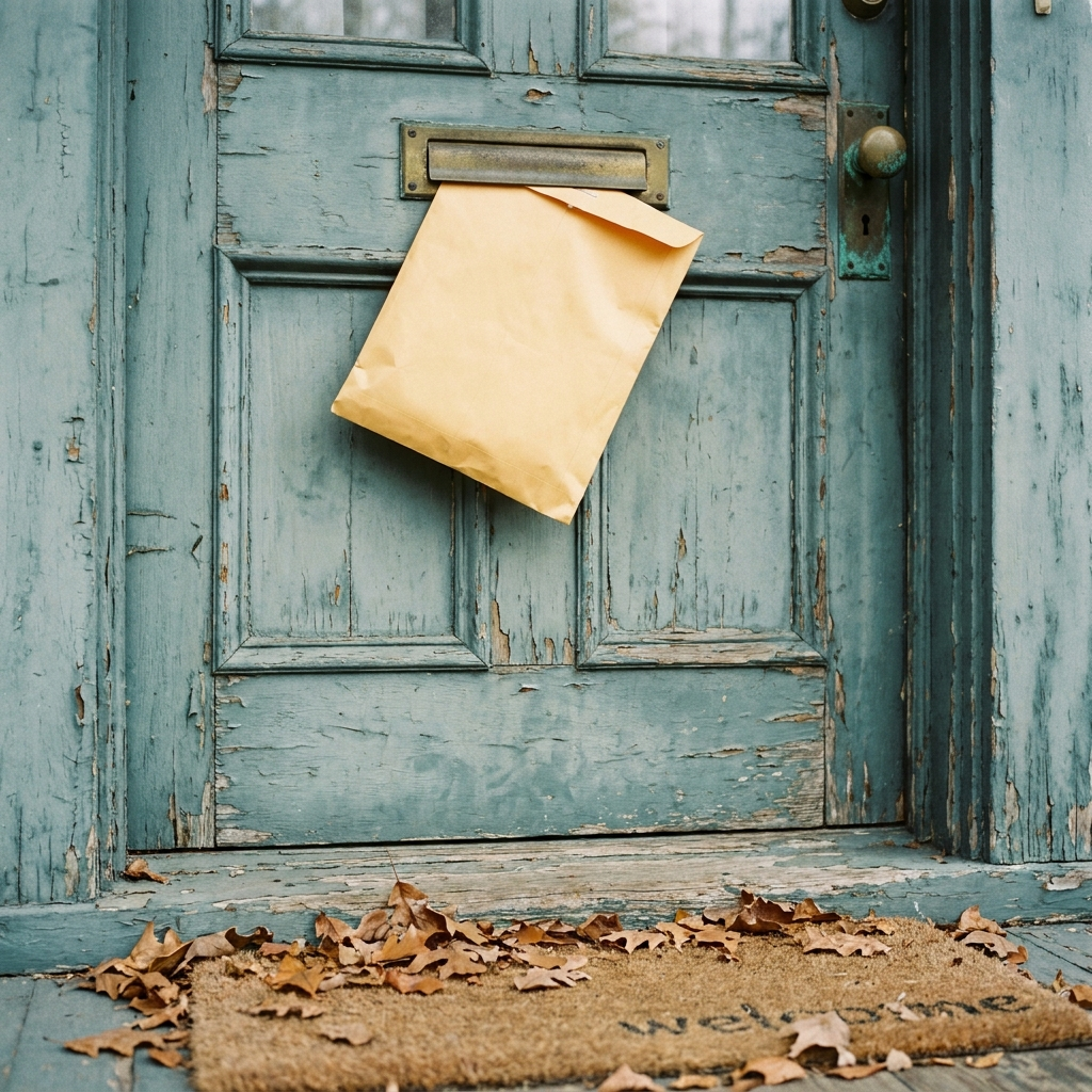 Manila envelope tucked behind a brass mail slot on a weathered teal front door — the moment a foreclosure notice arrives