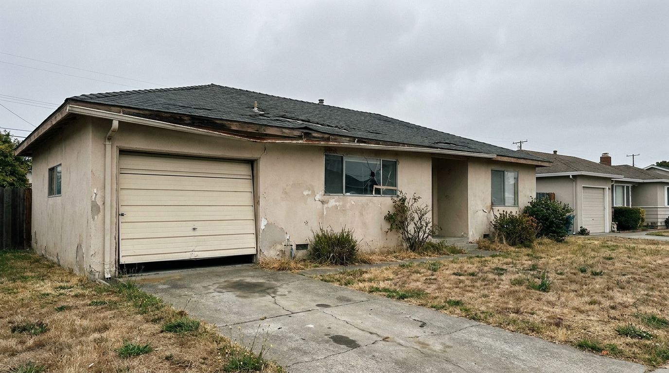 Bay Area home in any condition — exterior with subtle distress signals visible from the street