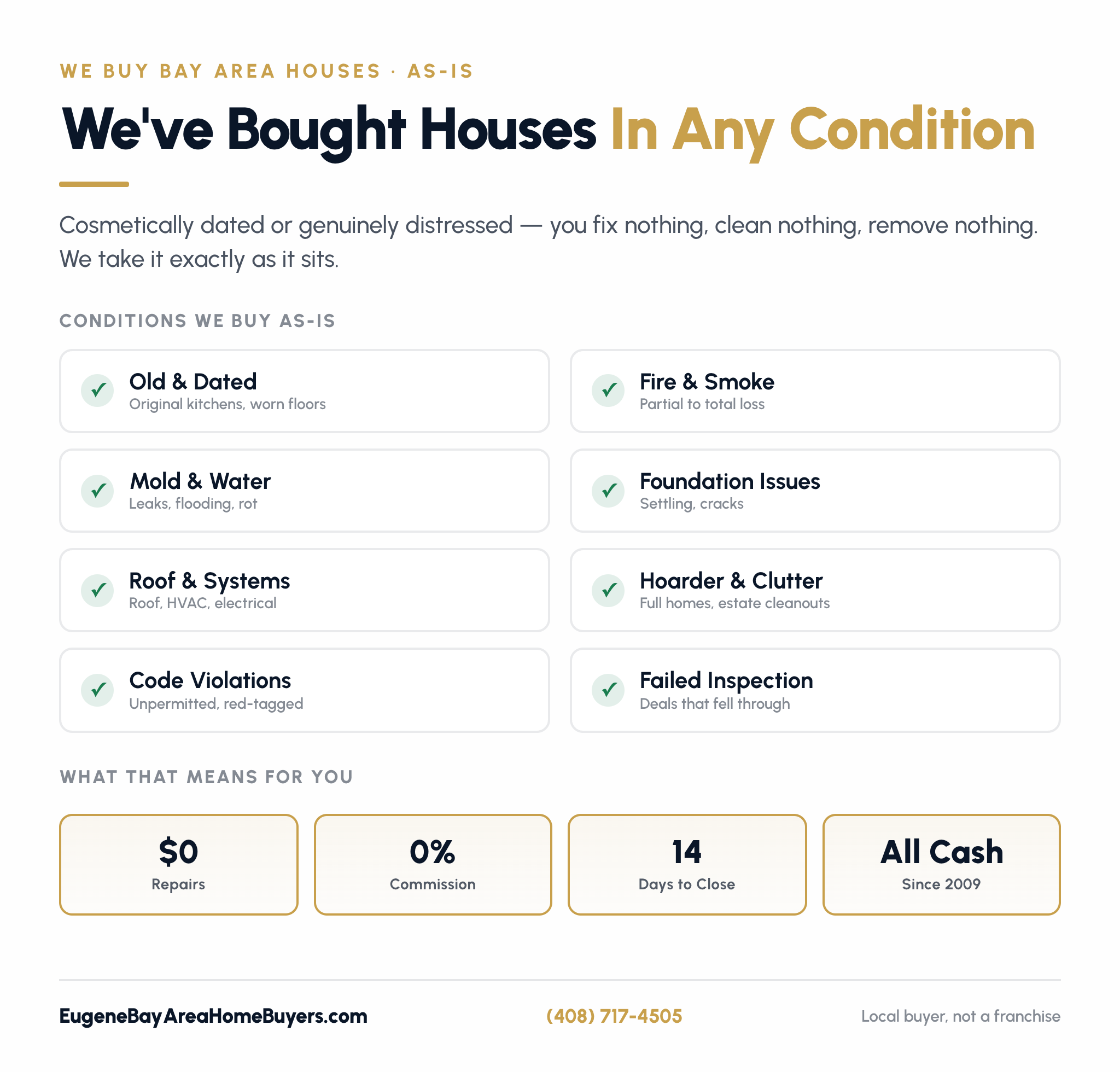 Five reasons Bay Area homeowners selling a house that needs work choose Eugene Bay Area Home Buyers for a cash sale