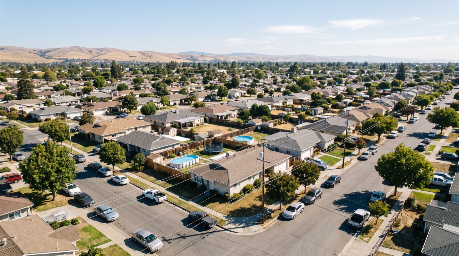 An ordinary Bay Area residential neighborhood from the air — the modest single-story houses a local cash home buyer actually buys