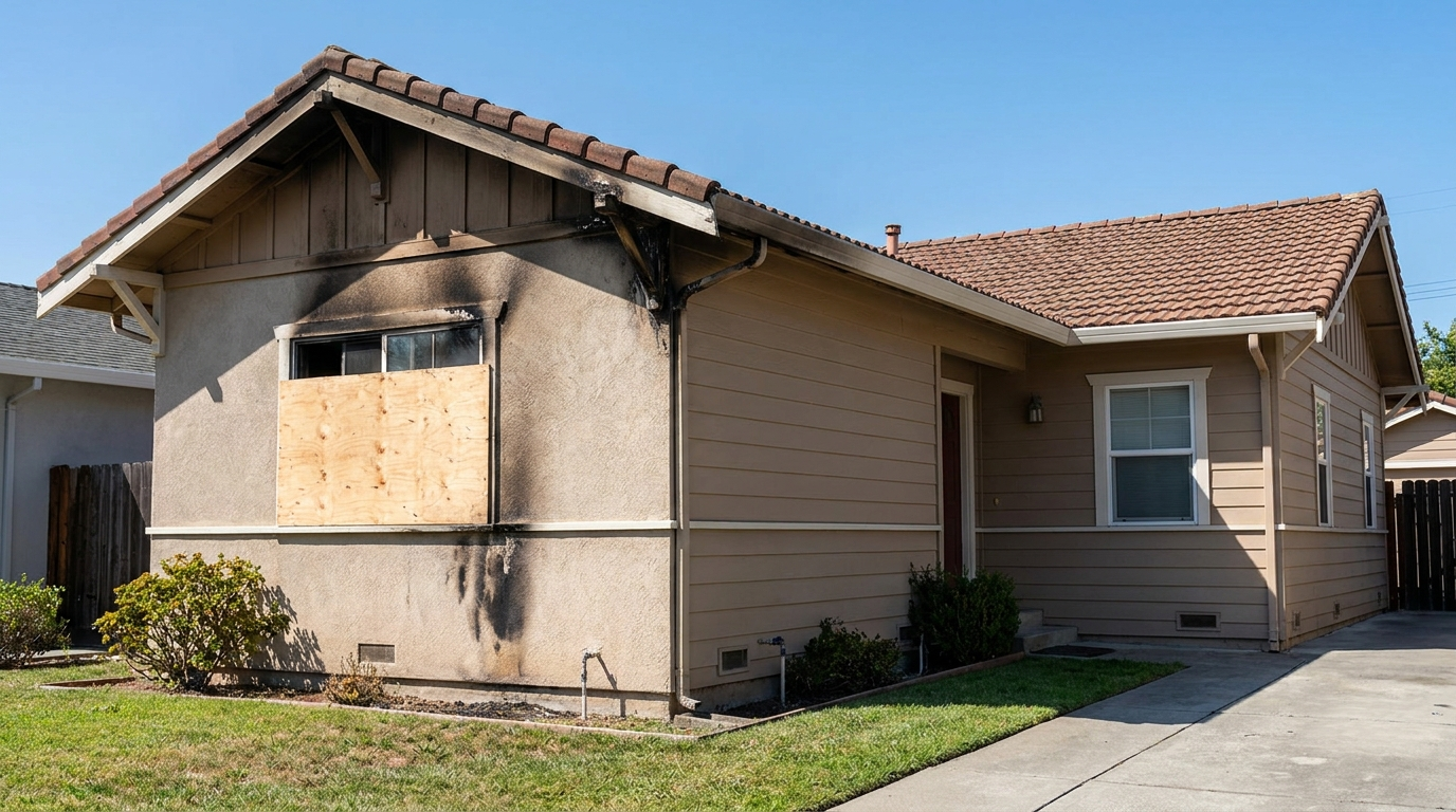 A Bay Area home with real fire damage — soot and char around a boarded-up window — shown in clear daylight, the kind of house Eugene buys as-is for cash