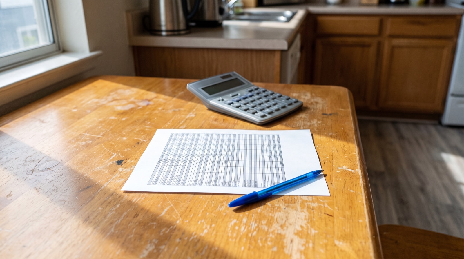 A printed net sheet and a calculator on a kitchen table — working out home sale proceeds