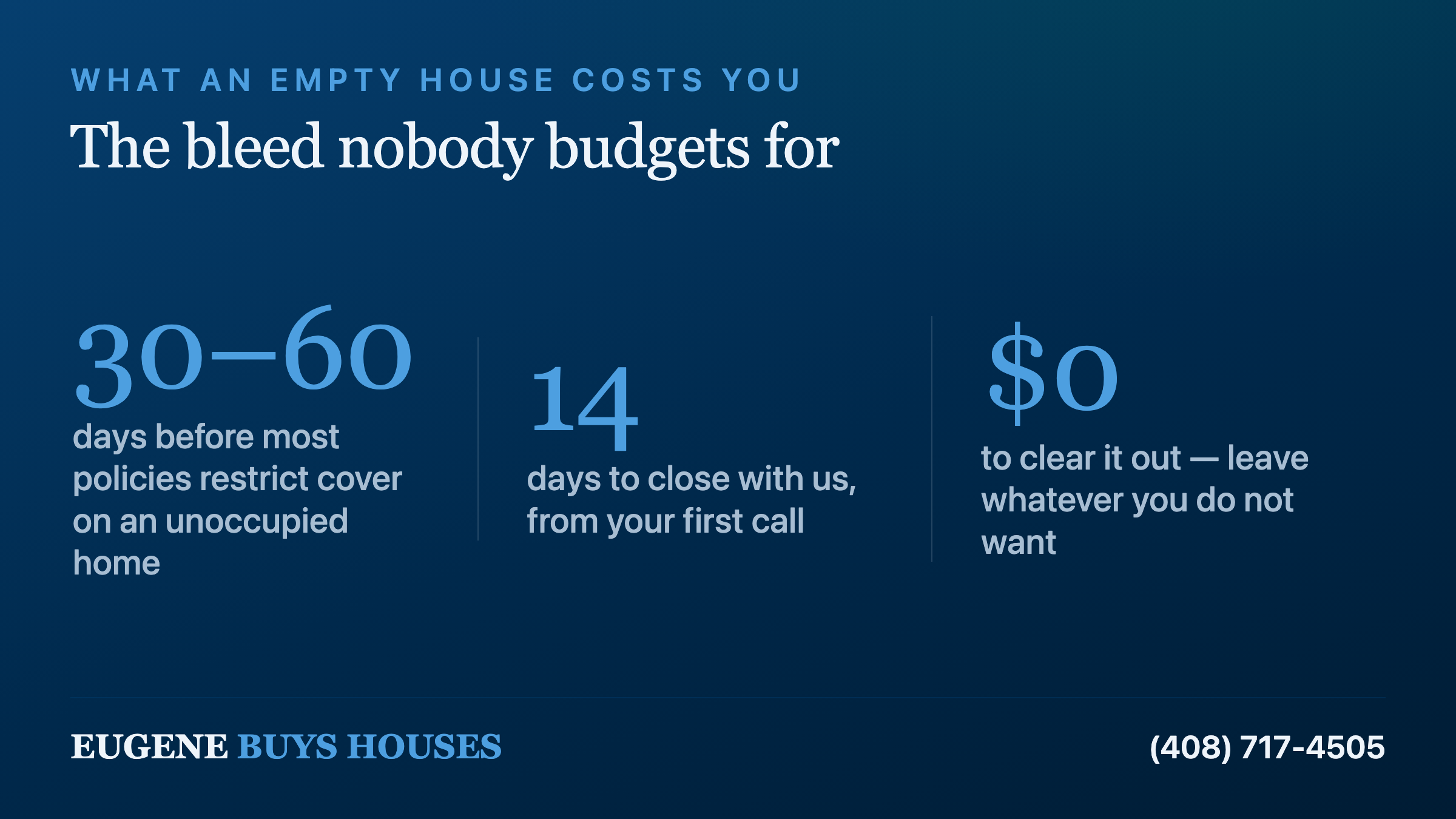 Five reasons Bay Area homeowners selling a vacant house choose Eugene Bay Area Home Buyers for a cash sale