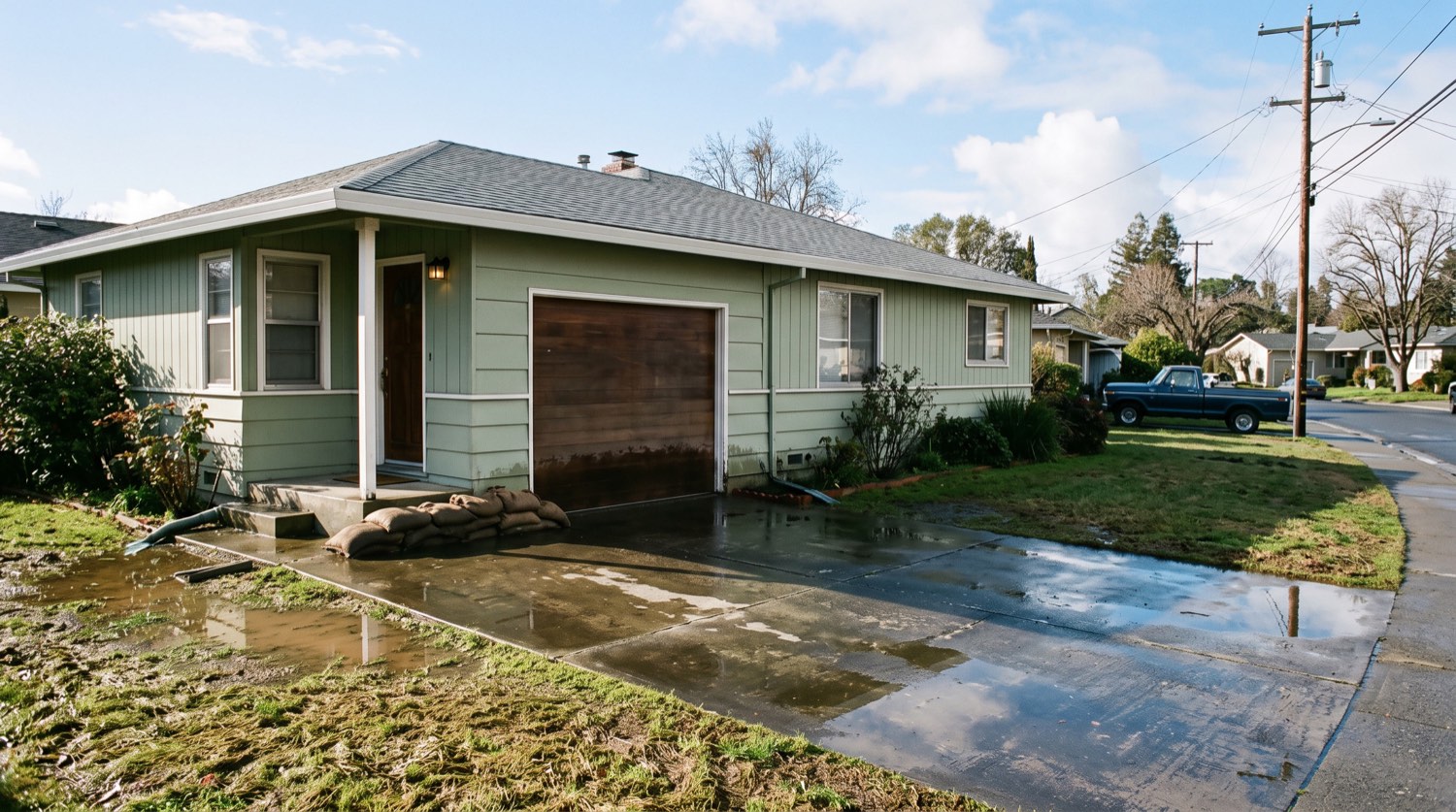 A modest Bay Area ranch home the morning after a storm — standing water on the driveway, sandbags by the front step — the kind of water-damaged house Eugene buys as-is for cash