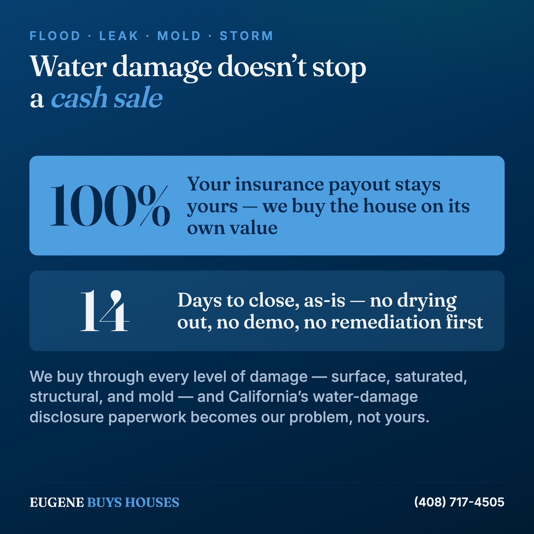 Five reasons Bay Area homeowners selling a water-damaged house choose Eugene Bay Area Home Buyers for a cash sale